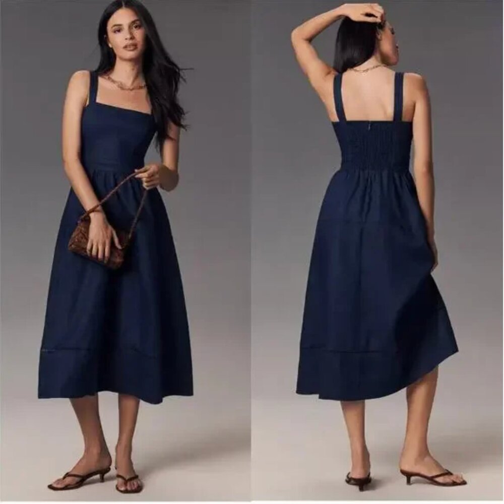 ✨💙 Reformation Anthropologie Everett Linen Midi Dress in Danube Navy